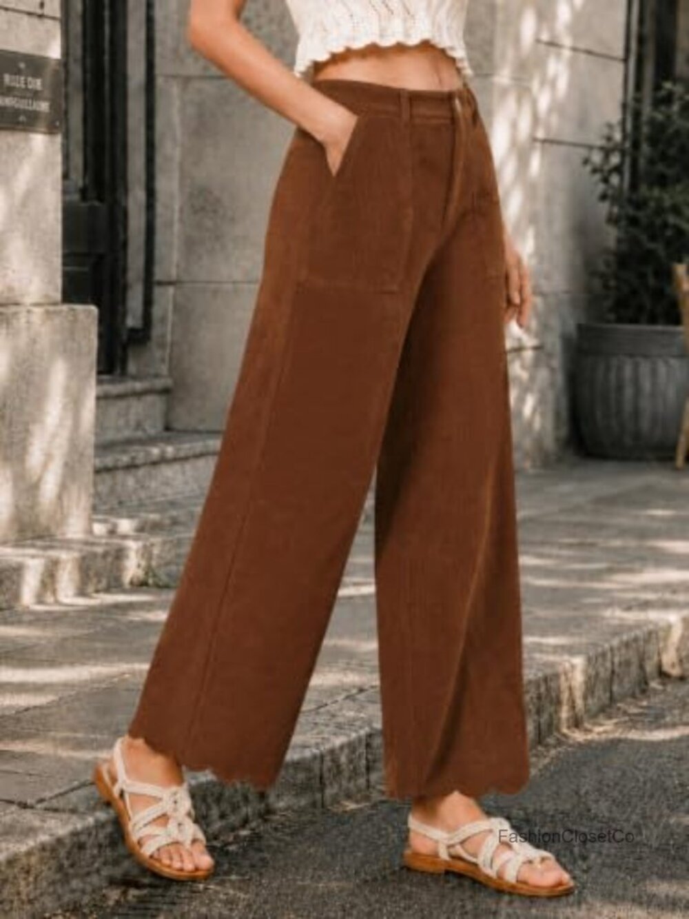 Corduroy Wide Leg Pants with Pockets High Waist Scalloped Hem - Picture 2 of 6
